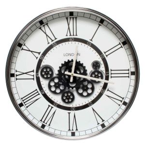 Clock - Round London Modern Exposed Gear Movement - White W/Black